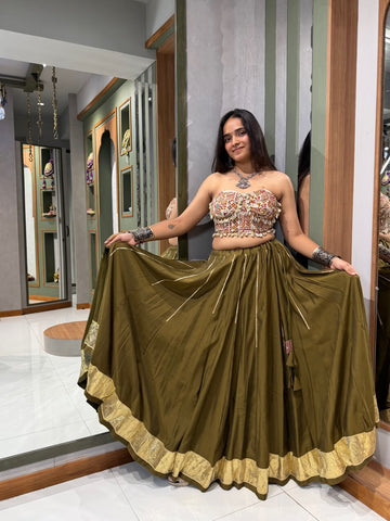 Mehendi Green Bombay Silk Chaniya with Corset Blouse & Golden Lappo Border