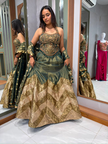 Short Green Shimur tissue chaniya with corset blouse with handwork