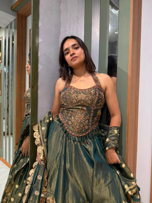 Short Green Shimur tissue chaniya with corset blouse with handwork