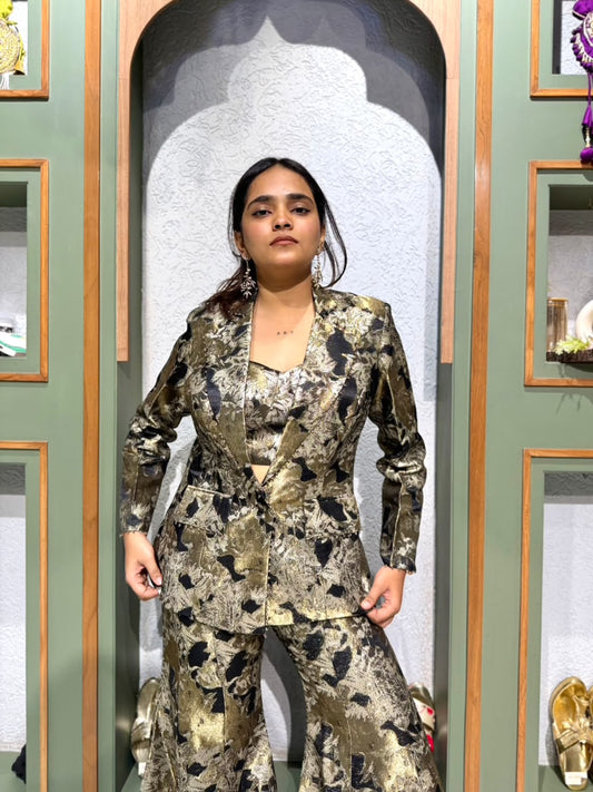 Bell Bottom Plazo and blouse with blazer in black Banarasi