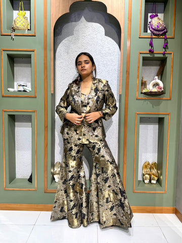 Bell Bottom Plazo and blouse with blazer in black Banarasi