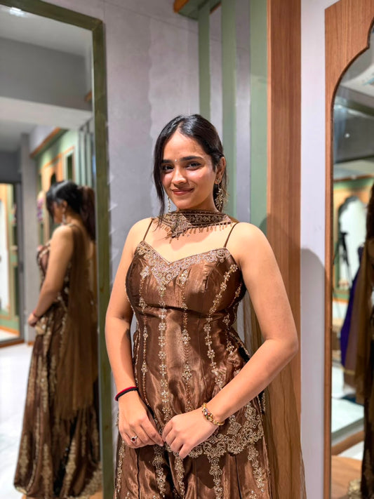 Brown Gaji Silk Long Top & Palazzo Set with Choker Dupatta & Embellished Beadwork