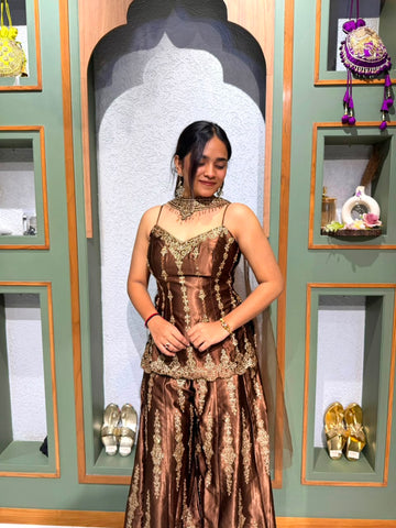 Brown Gaji Silk Long Top & Palazzo Set with Choker Dupatta & Embellished Beadwork
