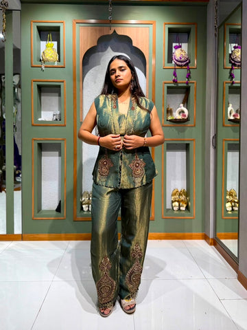 Designer Mehndi Green Tissue Silk Palazzo Set with Embellished Jacket & Shimmer Work