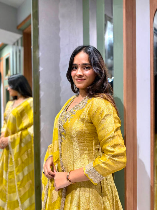 Golden Yellow Banarasi silk long Anarkali with handwork with dupatta