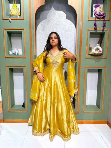 Golden Yellow Banarasi silk long Anarkali with handwork with dupatta