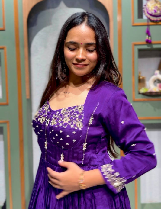 Purple Pure Modal Silk Long Anarkali with Handwork Neck & Sleeves, Pant & Golden Weave Dupatta