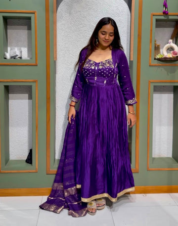 Purple Pure Modal Silk Long Anarkali with Handwork Neck & Sleeves, Pant & Golden Weave Dupatta