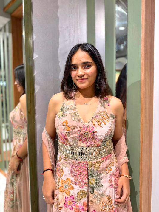 Peach Crepe Silk Floral Vintage Work Centre-Cut Long Top with Mirror Belt, Palazzo & Net Dupatta