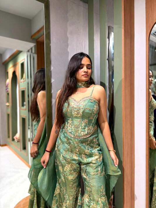 Designer Dusty Green Tissue Silk Set with Floral Print Corset Blouse, Handworked Bell-Bottom Palazzo & Choker-Style Dupatta