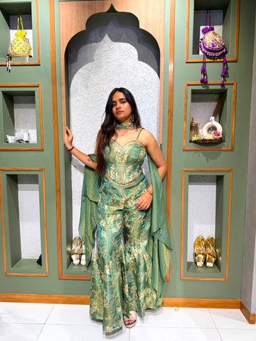 Designer Dusty Green Tissue Silk Set with Floral Print Corset Blouse, Handworked Bell-Bottom Palazzo & Choker-Style Dupatta