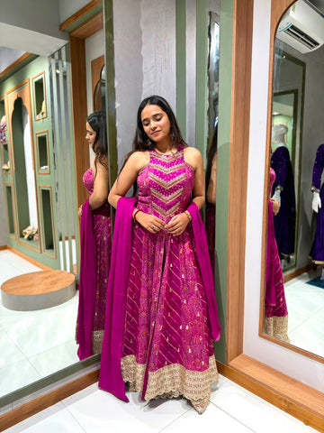 Rani Pink Soft Silk Multi-Kali Anarkali with Halter Neck, Heavy Border Palazzo & Dupatta