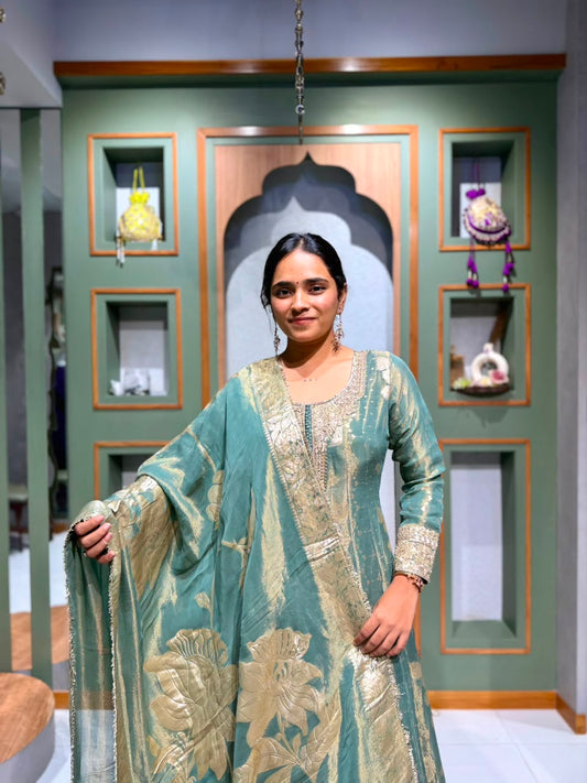 Dusty Green Banarasi Tissue Long Anarkali with Handwork Neck & Golden Floral Weave Dupatta