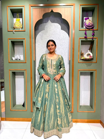 Dusty Green Banarasi Tissue Long Anarkali with Handwork Neck & Golden Floral Weave Dupatta