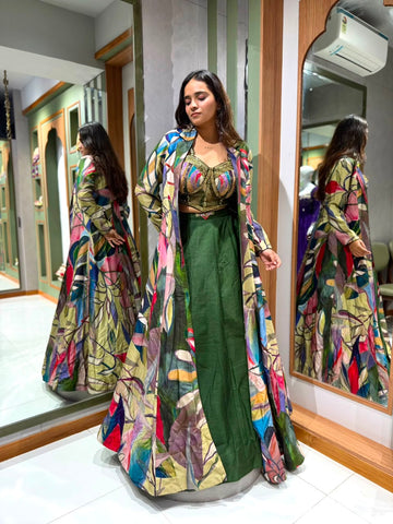 Designer Green Semi Raw Silk Chaniya Choli with Heavy Handwork & Floral Printed Shrug