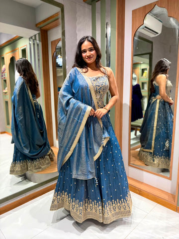 Bluish Grey Tissue Crush Chaniya with Embroidered Corset Blouse & Tissue Silk Dupatta