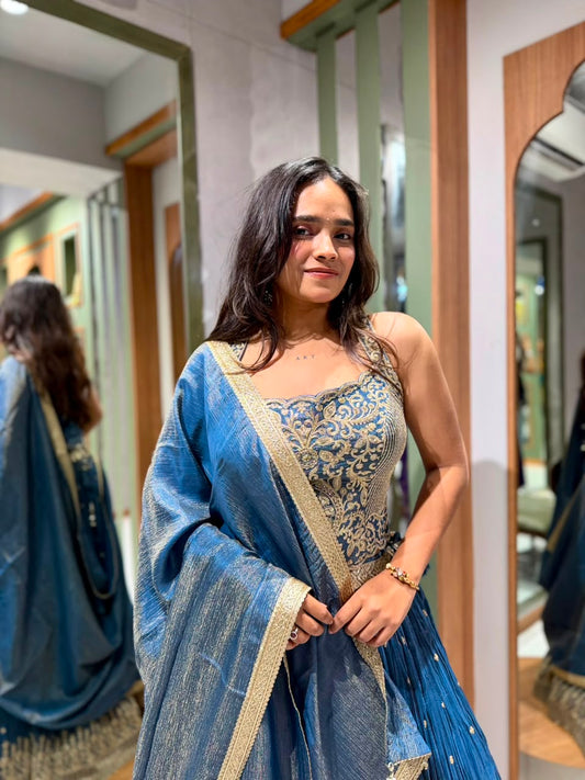 Bluish Grey Tissue Crush Chaniya with Embroidered Corset Blouse & Tissue Silk Dupatta