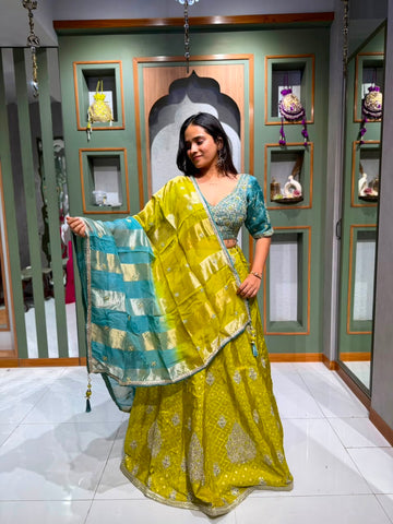 Lime Yellow Banarasi Chaniya Choli with Blue Tikki, Cutdana & Mirror Work