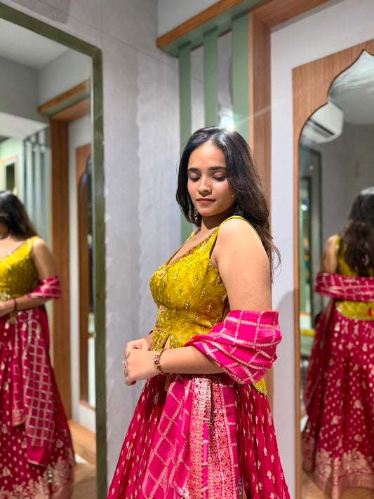 Designer Mustard Blouse with Handwork and Pink Banarasi Silk Chaniya