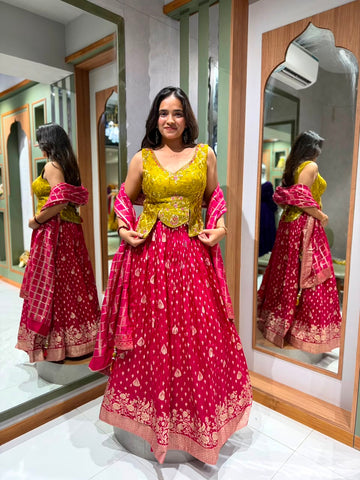 Designer Mustard Blouse with Handwork and Pink Banarasi Silk Chaniya