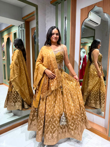Designer Brown Banarasi Tissue Chaniya Choli with Handwork and Tissue Dupatta