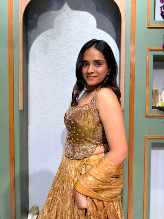 Designer Brown Banarasi Tissue Chaniya Choli with Handwork and Tissue Dupatta