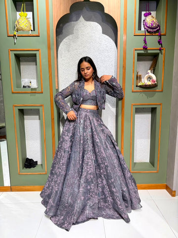 Designer Grey & Onion Pink Chaniya With Embroidered Jacket