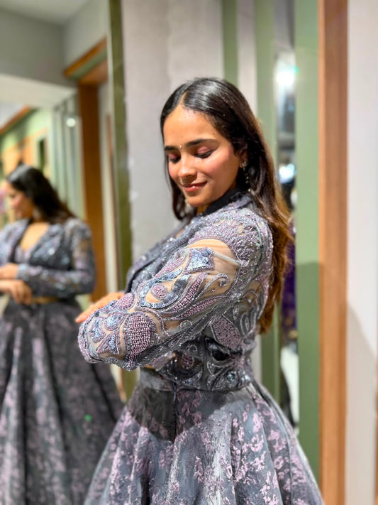 Designer Grey & Onion Pink Chaniya With Embroidered Jacket