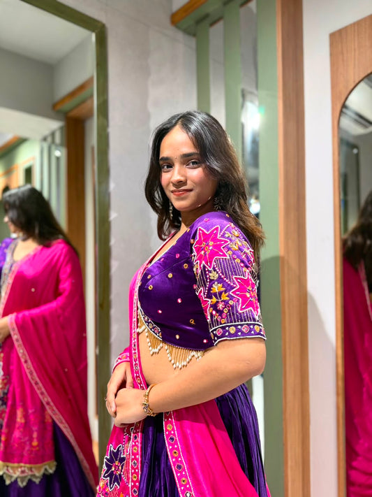Designer Purple Pure Gaji Silk Chaniya Choli with Mirror & Moti Handwork and Pink Handwork Dupatta