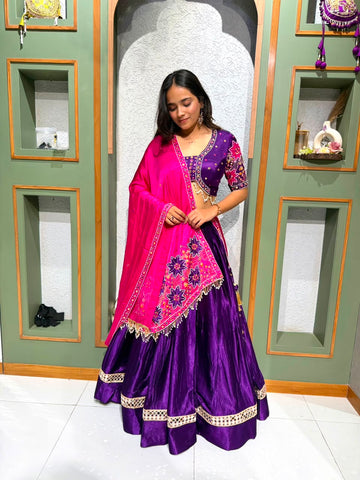 Designer Purple Pure Gaji Silk Chaniya Choli with Mirror & Moti Handwork and Pink Handwork Dupatta
