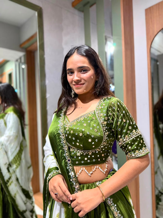 Designer Mehndi Green Pure Gaji Silk Chaniya Choli with Mirror Work & White Shibori Dupatta