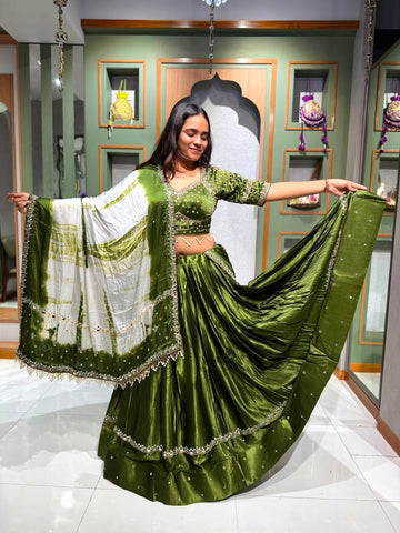 Designer Mehndi Green Pure Gaji Silk Chaniya Choli with Mirror Work & White Shibori Dupatta
