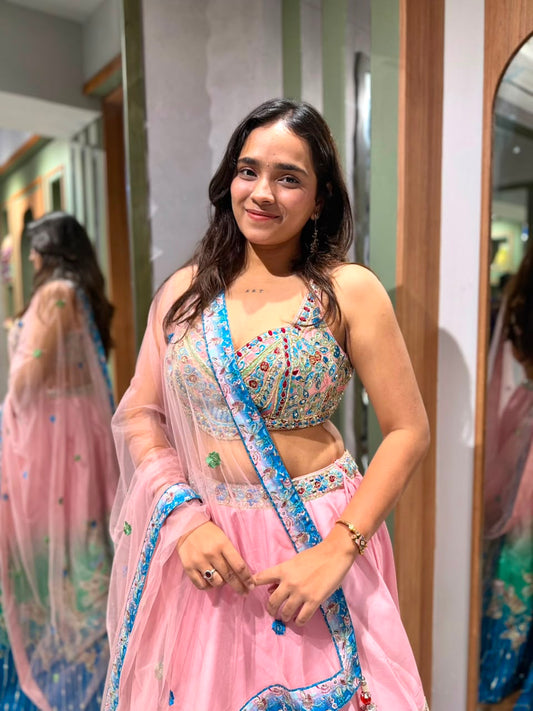 Designer Ombre Silk Chaniya Choli with Mirror & Embroidery Work