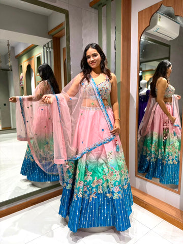 Designer Ombre Silk Chaniya Choli with Mirror & Embroidery Work