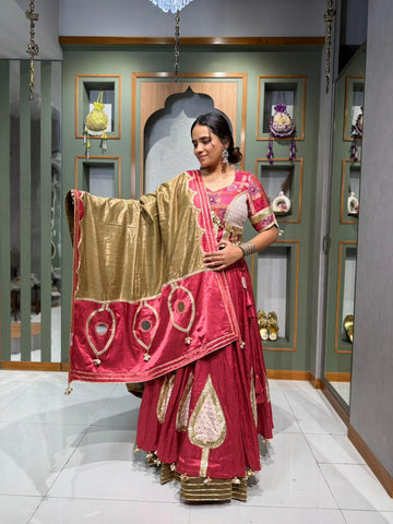 Designer Pure Ghaji Silk Chaniya Set with Lumpi Georgette Buttas & Vintage Kodi Coin Work