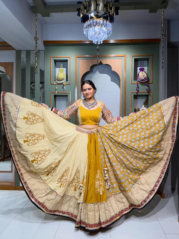 Designer Yellow & Cream Cotton Chaniya Set with Block Print, Golden Border & Kutchi Work