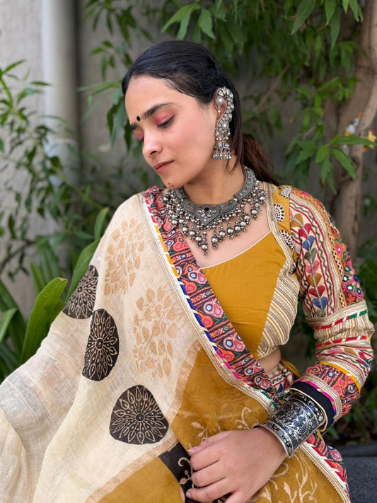 Designer Yellow & Cream Cotton Chaniya Set with Block Print, Golden Border & Kutchi Work