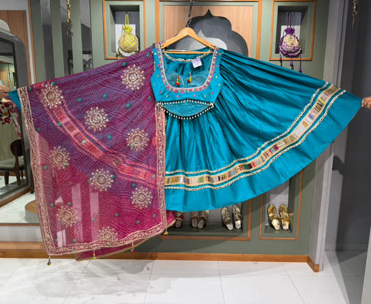 Designer Jamli Rama Silk Chaniya Set with Vintage Real Mirror Border & Tikki Work Dupatta