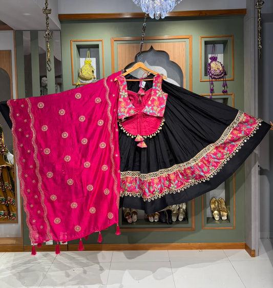 Black Designer Pure Bombay Silk Chaniya with Vintage Mirror Work & Long Corset Blouse