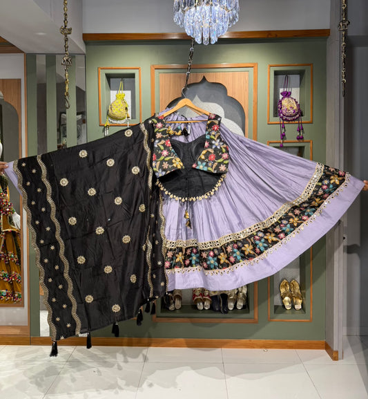 lylack colour Pure Bombay Silk Chaniya with Vintage Mirror Work & Corset Blouse