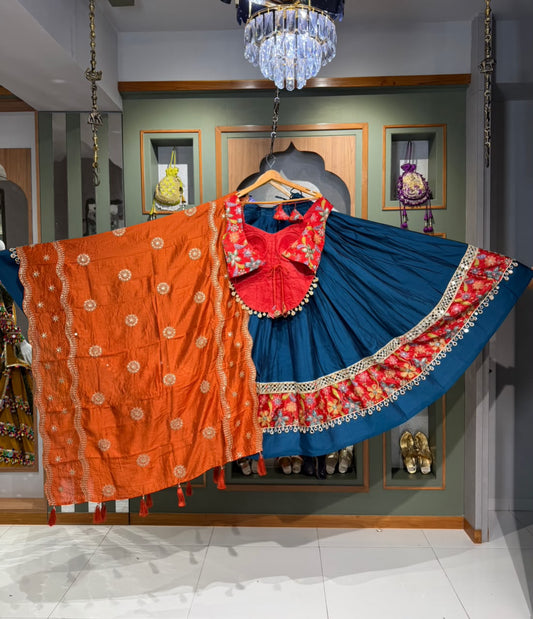 Pure Bombay Silk Chaniya with Vintage Mirror Work & Long Corset Blouse