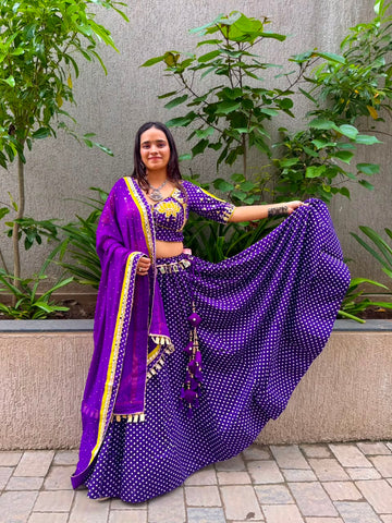 Purple Bandhani Rayon Silk Chaniya Choli with Patchwork, Beads & Mirror Work