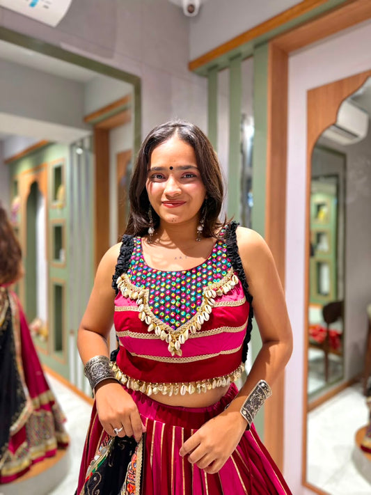 Maroon & Pink Jam Cotton Multi-Kali Chaniya Choli with Black Mirror Patchwork & Kodi Coin Work