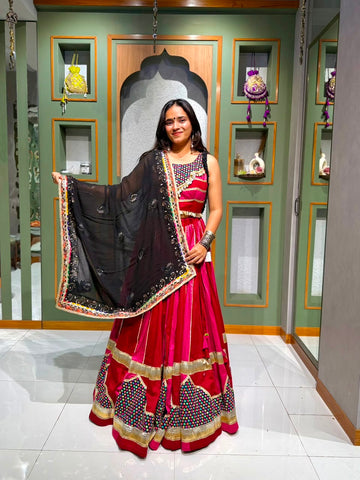 Maroon & Pink Jam Cotton Multi-Kali Chaniya Choli with Black Mirror Patchwork & Kodi Coin Work