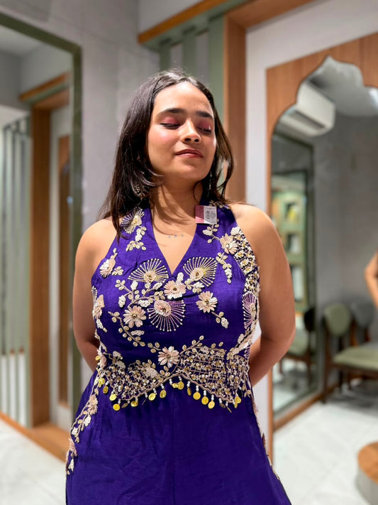 Purple Dola Silk Jumpsuit with Halter Neck, Beads, Aari, Sequin & 3D Flower Work
