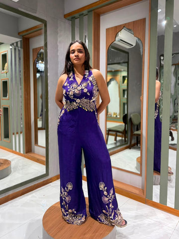 Purple Dola Silk Jumpsuit with Halter Neck, Beads, Aari, Sequin & 3D Flower Work