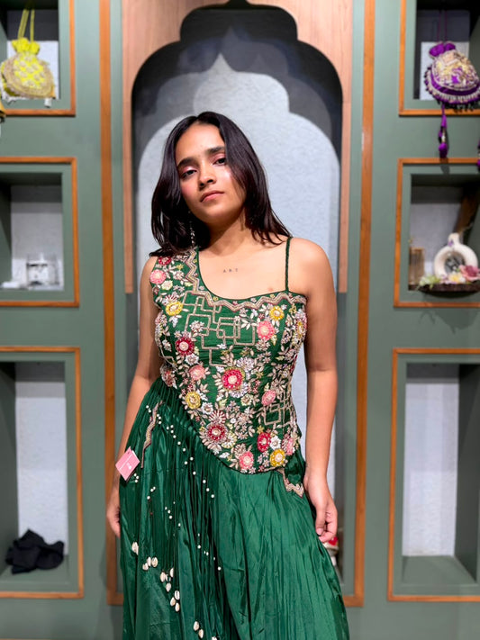 Green One-Shoulder Top with Fusion Embroidery & Kodi Pearl Tassels with Crepe Silk Palazzo