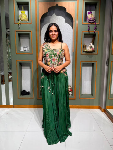 Green One-Shoulder Top with Fusion Embroidery & Kodi Pearl Tassels with Crepe Silk Palazzo
