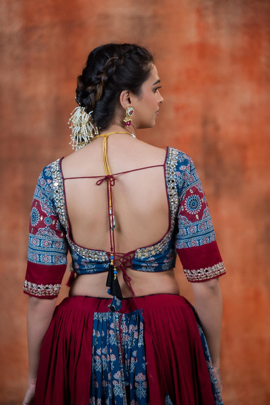 Designer Ajrakh Cotton Mirror Work Chaniya Choli By Kalpana's Creations