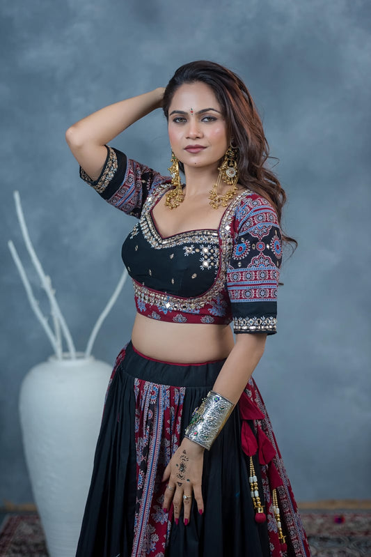 Designer Ajrakh Cotton Chaniya with 14-Meter Flair & Mirror Work
